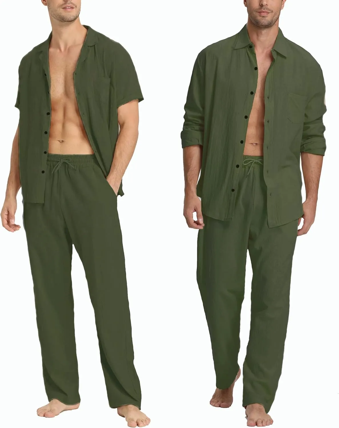 Men's Linen Sets Outfits: 3 Piece Beach Button Down Shirts Casual Loose Pants Short Sleeve Walking Suits