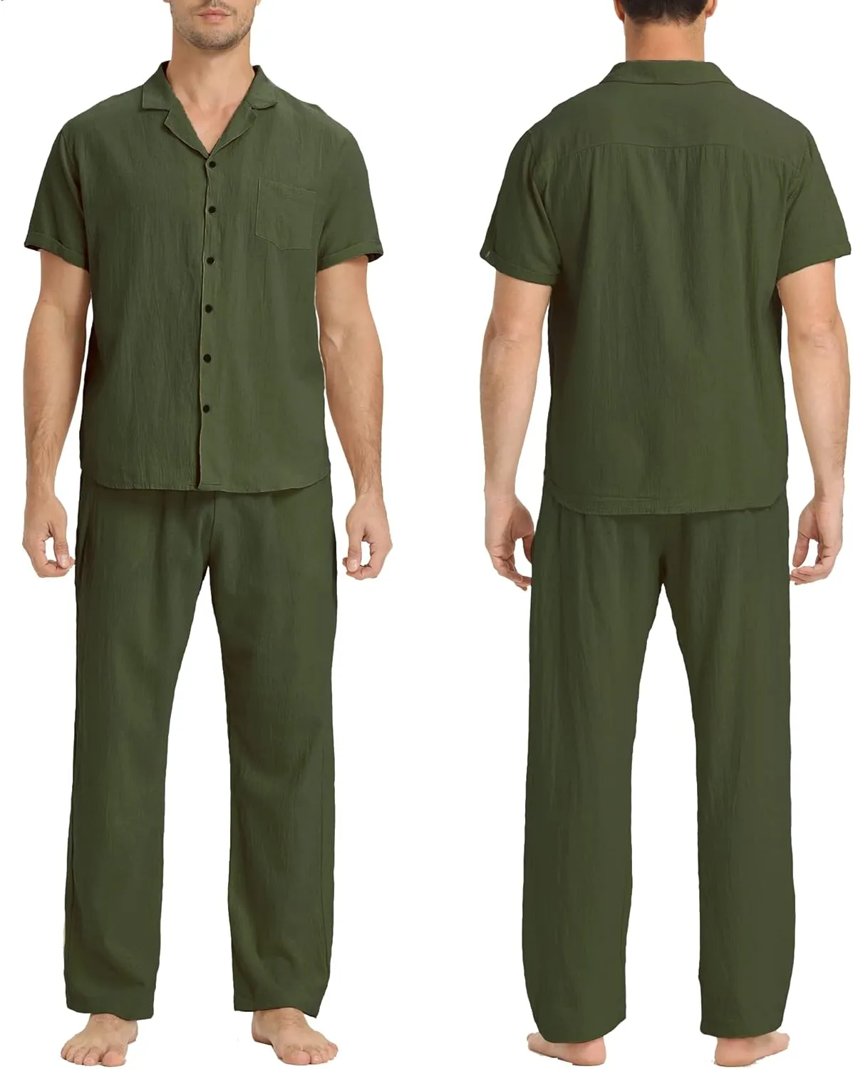 Men's Linen Sets Outfits: 3 Piece Beach Button Down Shirts Casual Loose Pants Short Sleeve Walking Suits