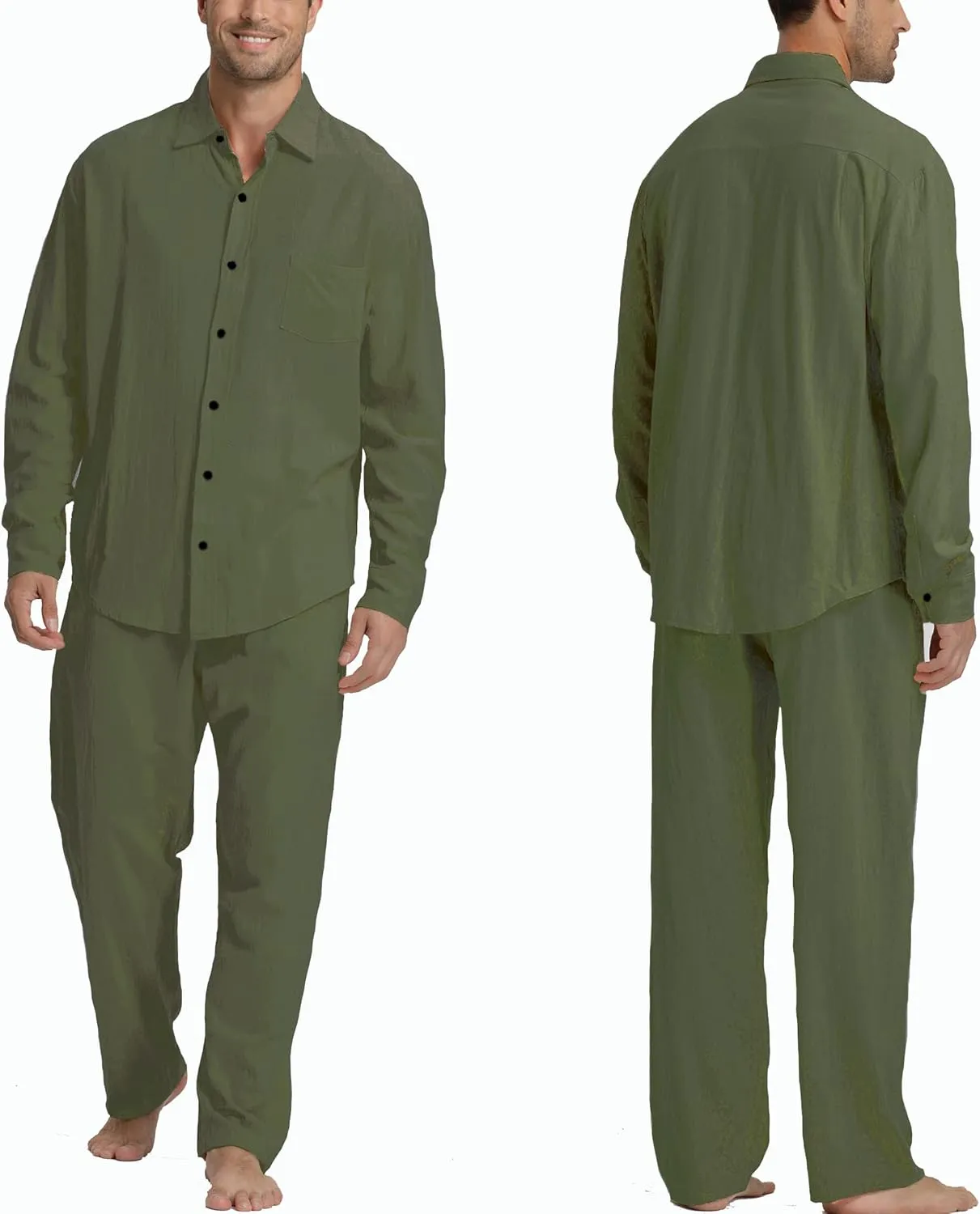 Men's Linen Sets Outfits: 3 Piece Beach Button Down Shirts Casual Loose Pants Short Sleeve Walking Suits