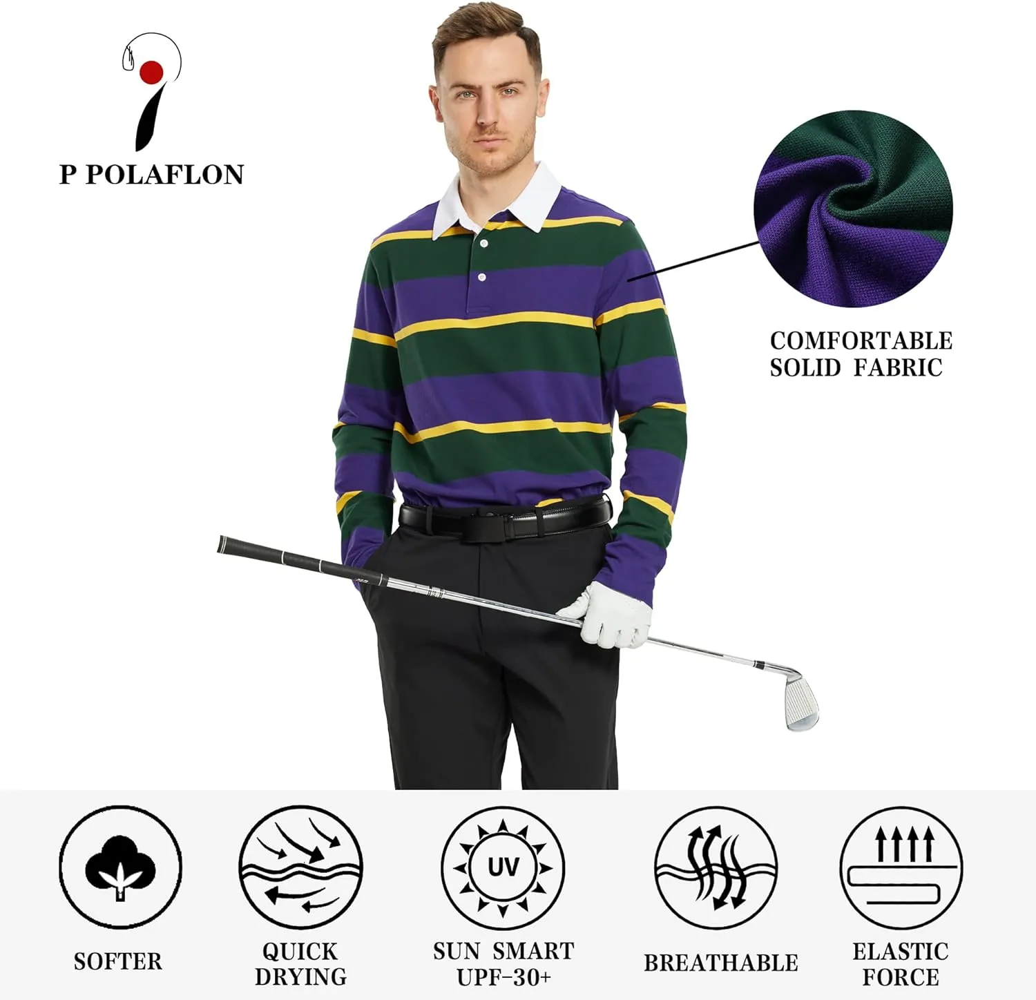 Men's Polo Shirts Long Sleeve Striped Dry Fit Casual Collared Pique Golf Polo Shirts for Mens