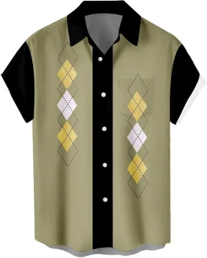 Men's Vintage Bowling Shirts 1950s Casual Short Sleeve Button Up Contrast Shirt Summer Color Block Cuban Shirts