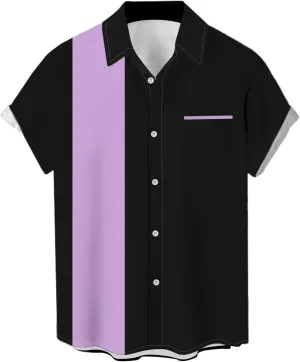 Men's Vintage Bowling Shirts 1950s Casual Short Sleeve Button Up Contrast Shirt Summer Color Block Cuban Shirts