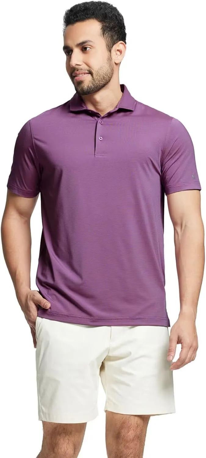 MICHEL ROUEN Golf Shirts for Men Short Sleeve Lightweight Quick Dry Pin Striped Casual Collared Polo Shirts