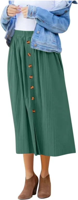 Midi Skirt for Women Summer Vintage Stretch High Waist Button Front A-Line Skirts Casual Solid Flowy Pleated Skirt