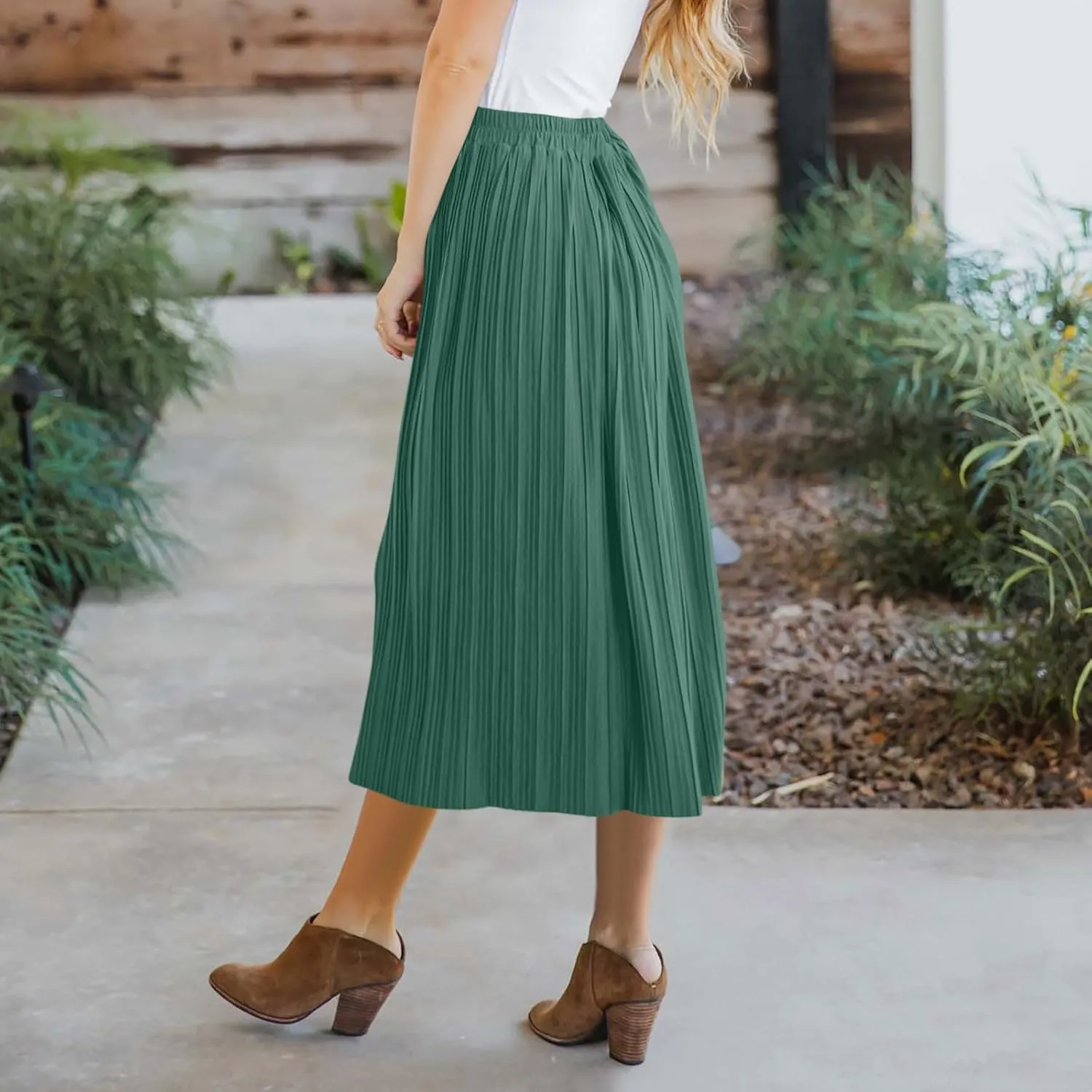 Midi Skirt for Women Summer Vintage Stretch High Waist Button Front A-Line Skirts Casual Solid Flowy Pleated Skirt
