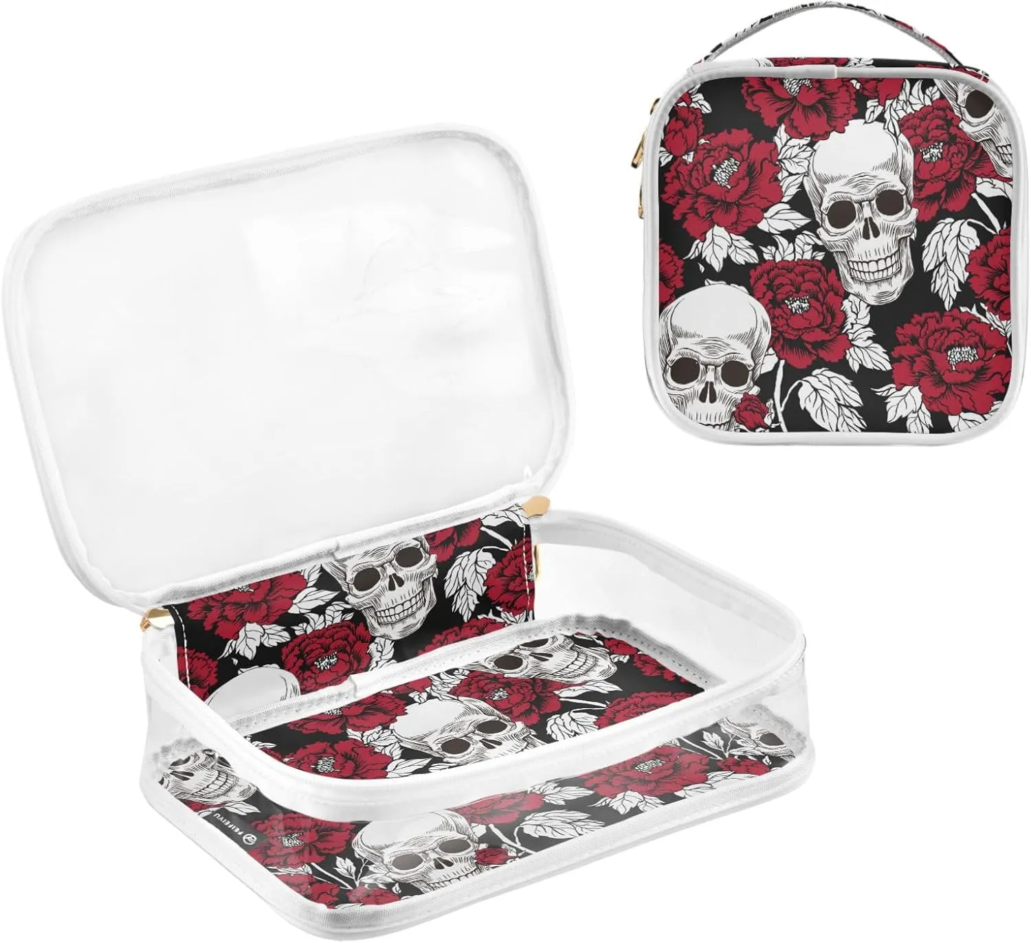 MNSRUU Clear Makeup Bags Flowers and Skulls Pattern Toiletry Bag for Women 2 PCS Waterproof Clear Bags Clear Travel Toiletry Bag Small Cosmetic Makeup Bag, Carry on Airport Airline Compliant Bag