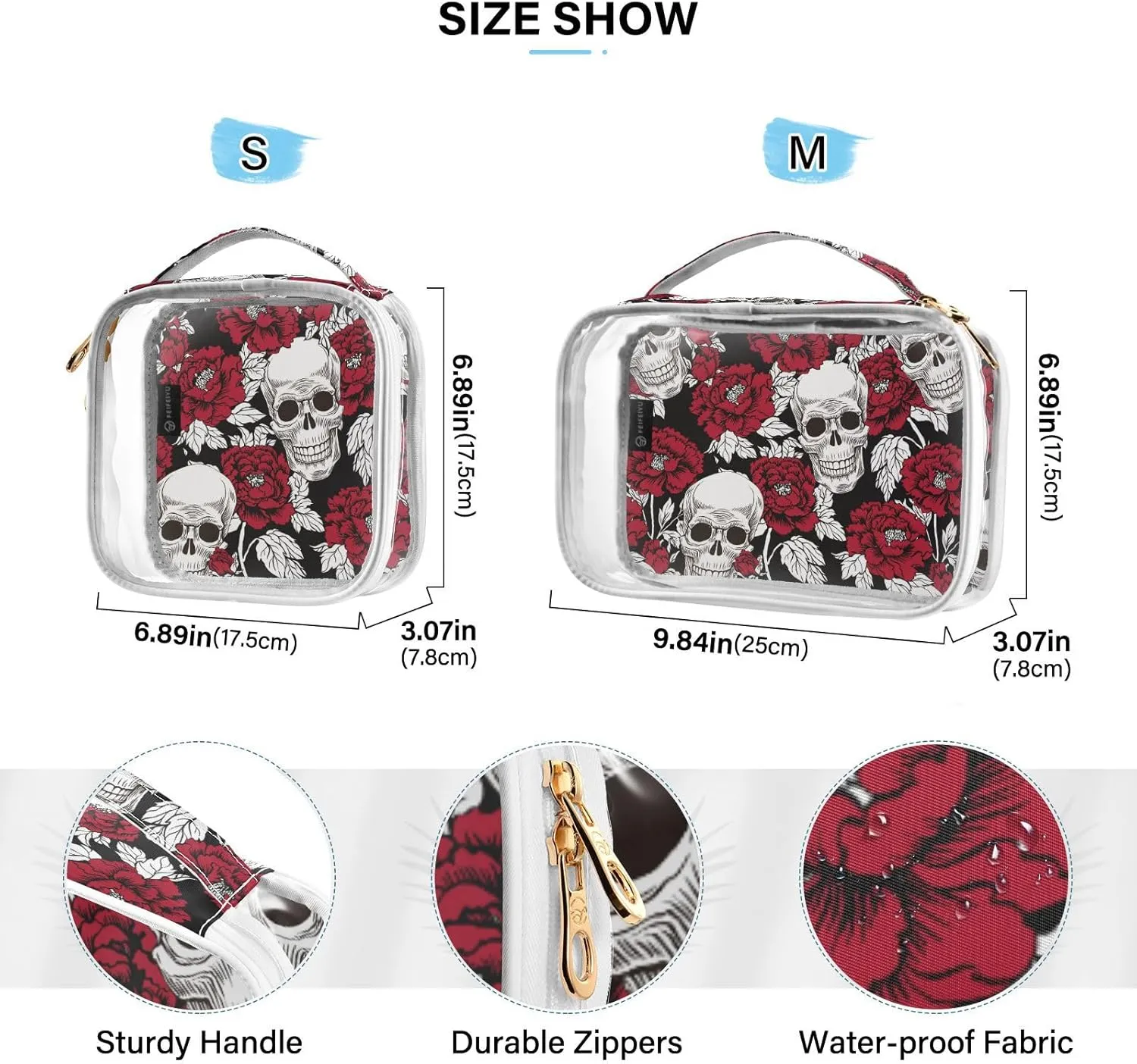 MNSRUU Clear Makeup Bags Flowers and Skulls Pattern Toiletry Bag for Women 2 PCS Waterproof Clear Bags Clear Travel Toiletry Bag Small Cosmetic Makeup Bag, Carry on Airport Airline Compliant Bag