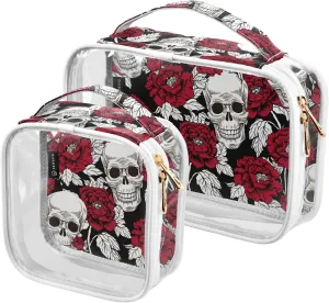 MNSRUU Clear Makeup Bags Flowers and Skulls Pattern Toiletry Bag for Women 2 PCS Waterproof Clear Bags Clear Travel Toiletry Bag Small Cosmetic Makeup Bag, Carry on Airport Airline Compliant Bag