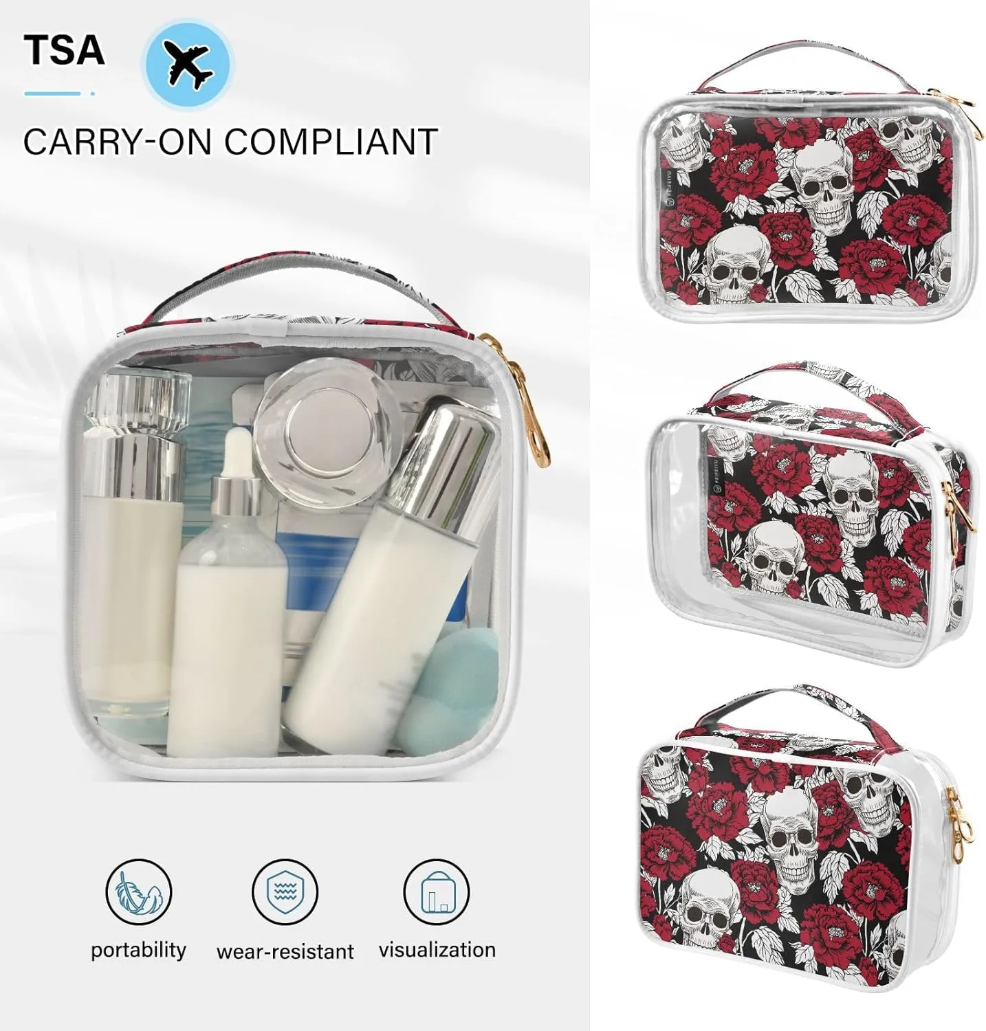 MNSRUU Clear Makeup Bags Flowers and Skulls Pattern Toiletry Bag for Women 2 PCS Waterproof Clear Bags Clear Travel Toiletry Bag Small Cosmetic Makeup Bag, Carry on Airport Airline Compliant Bag