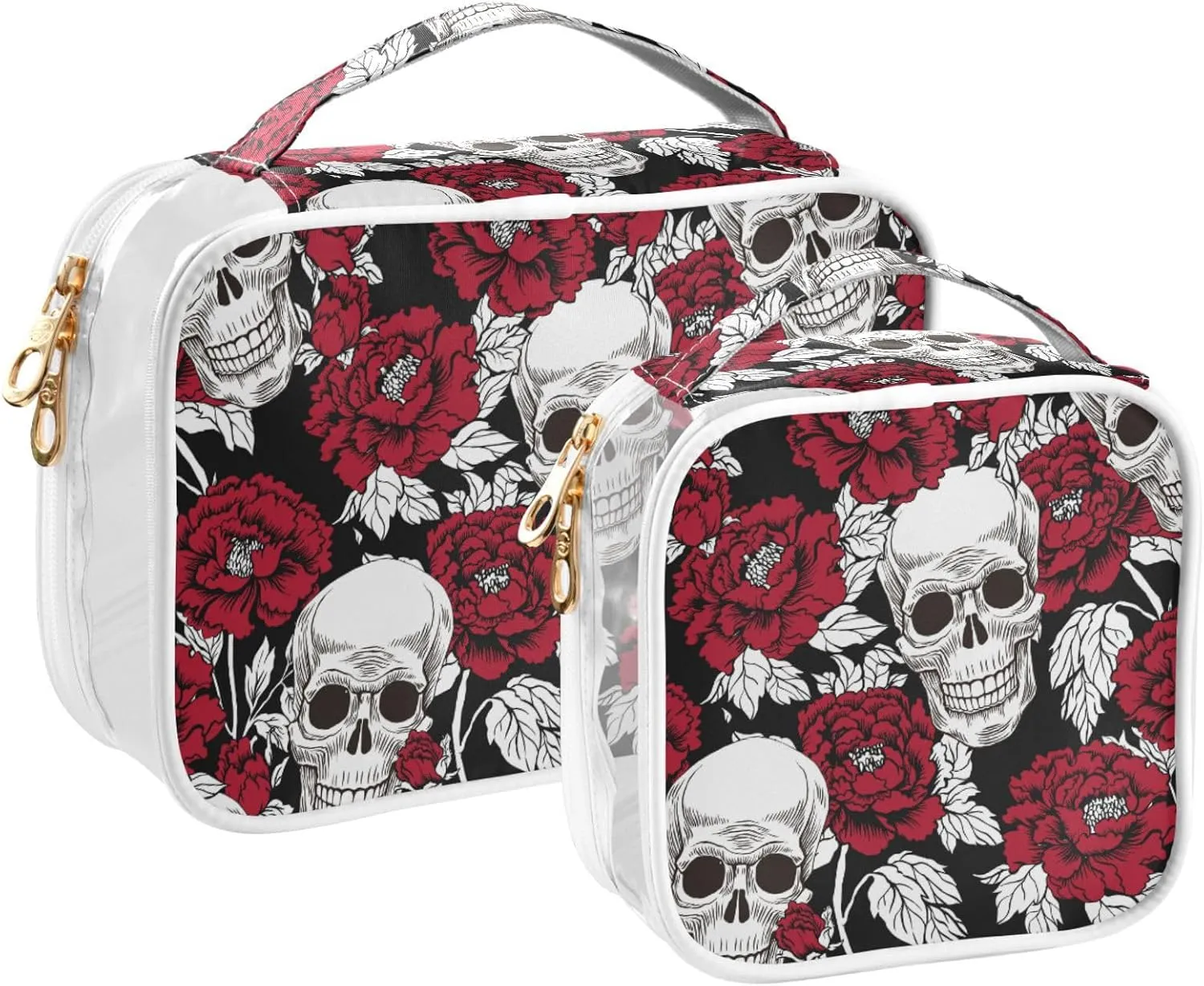 MNSRUU Clear Makeup Bags Flowers and Skulls Pattern Toiletry Bag for Women 2 PCS Waterproof Clear Bags Clear Travel Toiletry Bag Small Cosmetic Makeup Bag, Carry on Airport Airline Compliant Bag
