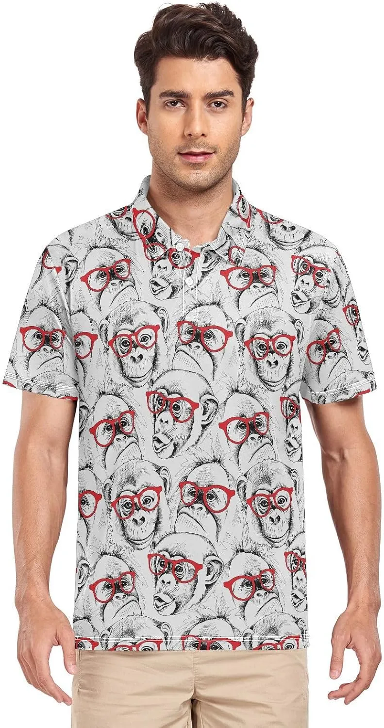 Monkey with Glasses Men's Polo Shirts Short Sleeve Quick Dry Athletic Outdoor Sports Golf Shirts S-XXL