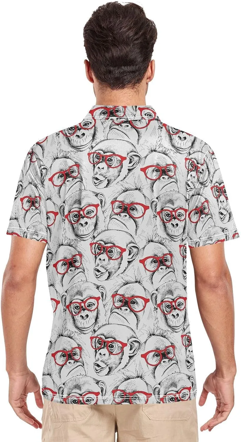 Monkey with Glasses Men's Polo Shirts Short Sleeve Quick Dry Athletic Outdoor Sports Golf Shirts S-XXL
