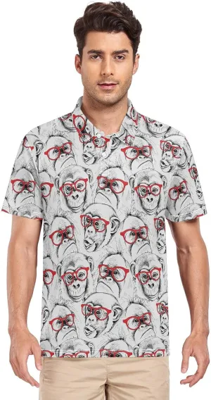 Monkey with Glasses Men's Polo Shirts Short Sleeve Quick Dry Athletic Outdoor Sports Golf Shirts S-XXL