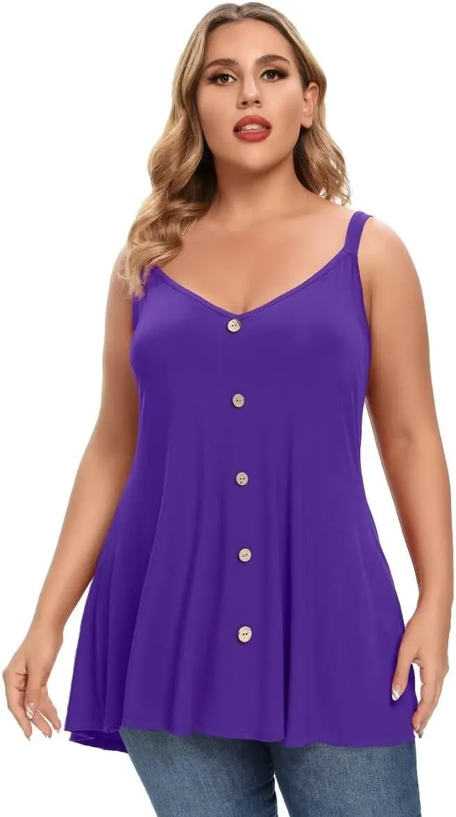 MONNURO Plus Size Camisole V Neck Button Cami Tank Tops Women's Sleeveless T-Shirt Tunics