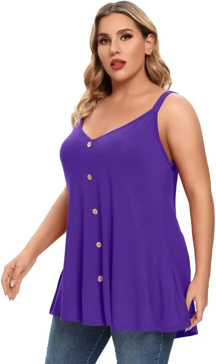 MONNURO Plus Size Camisole V Neck Button Cami Tank Tops Women's Sleeveless T-Shirt Tunics