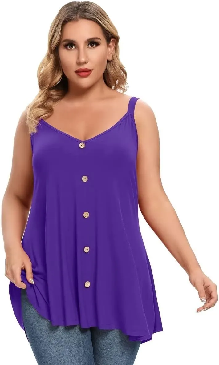 MONNURO Plus Size Camisole V Neck Button Cami Tank Tops Women's Sleeveless T-Shirt Tunics