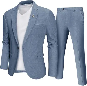MrSure Mens 2 Piece Regular Fit Linen Suit, Casual Blazer Pants Set, Lightweight Jacket Trouser for Wedding Prom