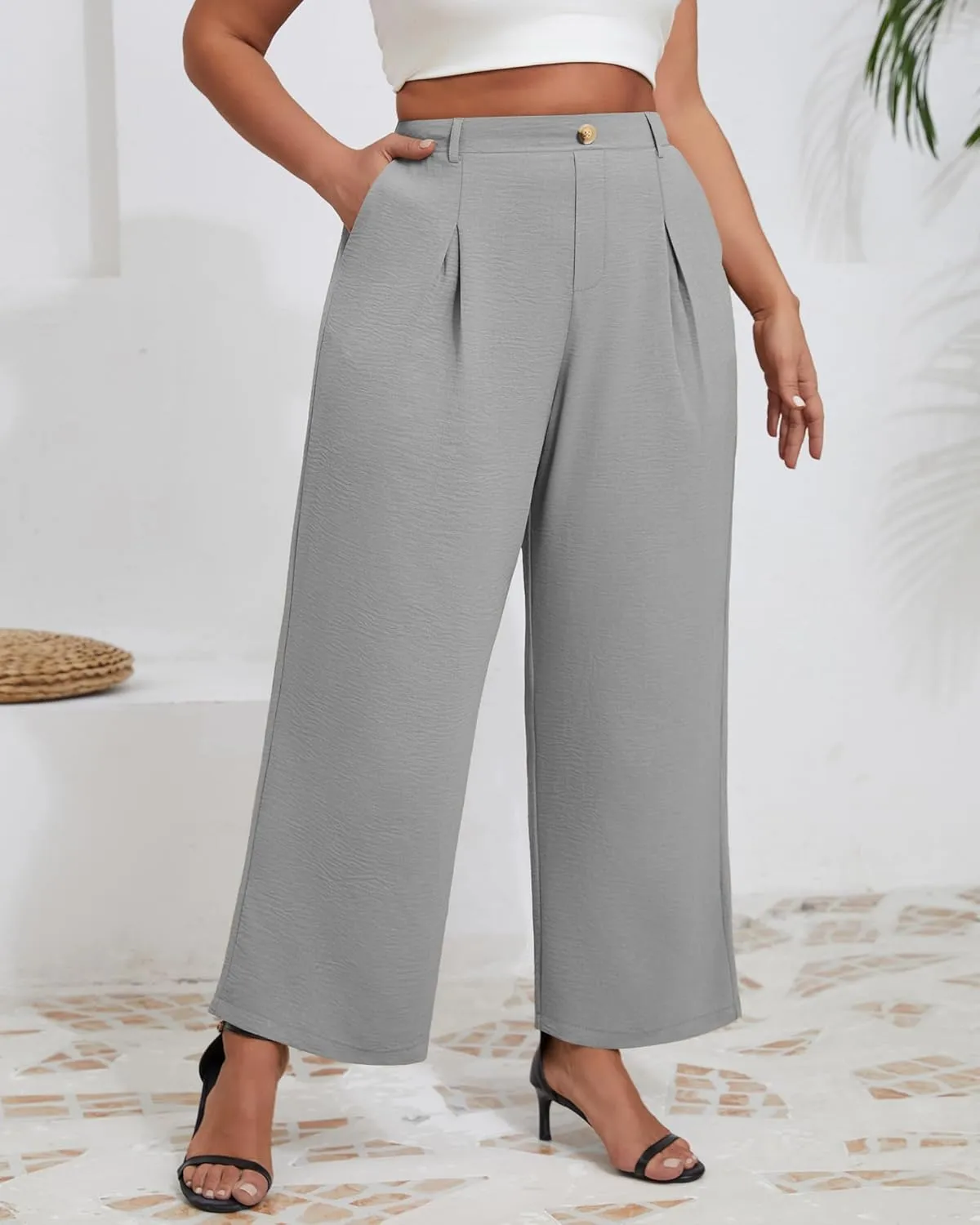 Neer Women's Plus Size Wide Leg Pants, Elastic High Waist Palazzo Pants Casual Business Trousers with Pockets