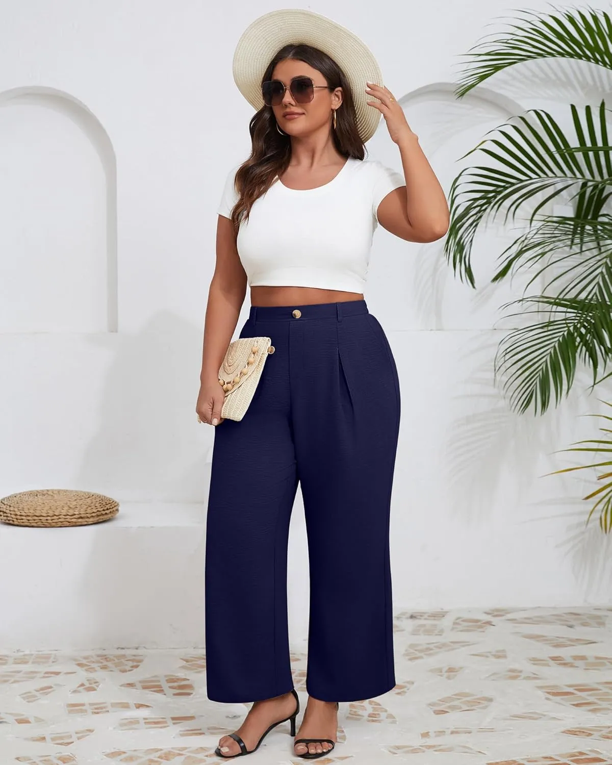 Neer Women's Plus Size Wide Leg Pants, Elastic High Waist Palazzo Pants Casual Business Trousers with Pockets