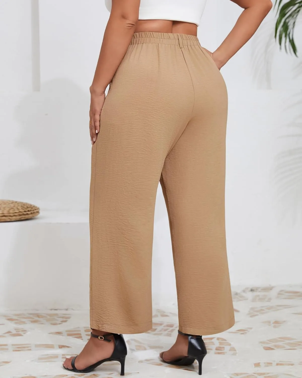 Neer Women's Plus Size Wide Leg Pants, Elastic High Waist Palazzo Pants Casual Business Trousers with Pockets