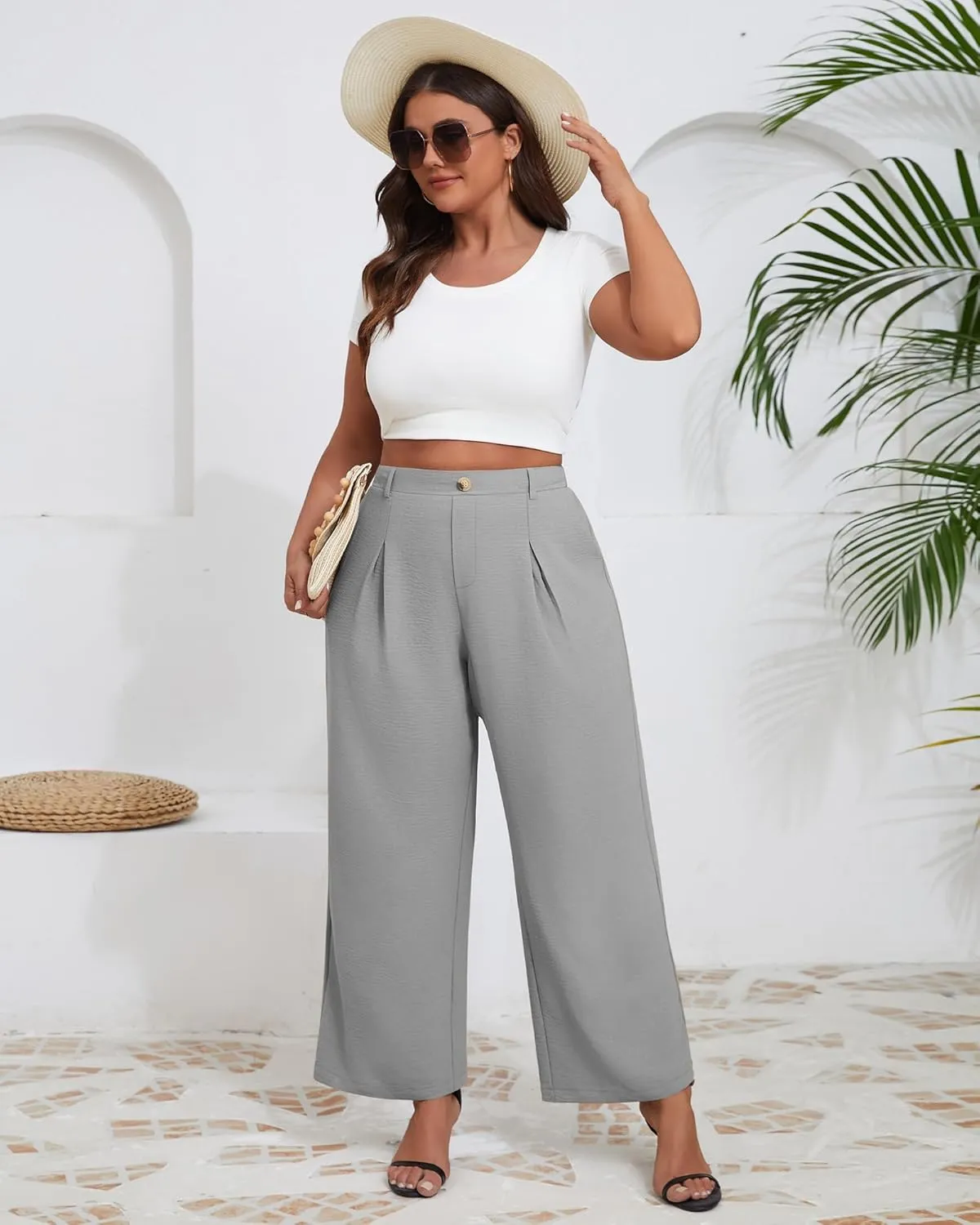 Neer Women's Plus Size Wide Leg Pants, Elastic High Waist Palazzo Pants Casual Business Trousers with Pockets