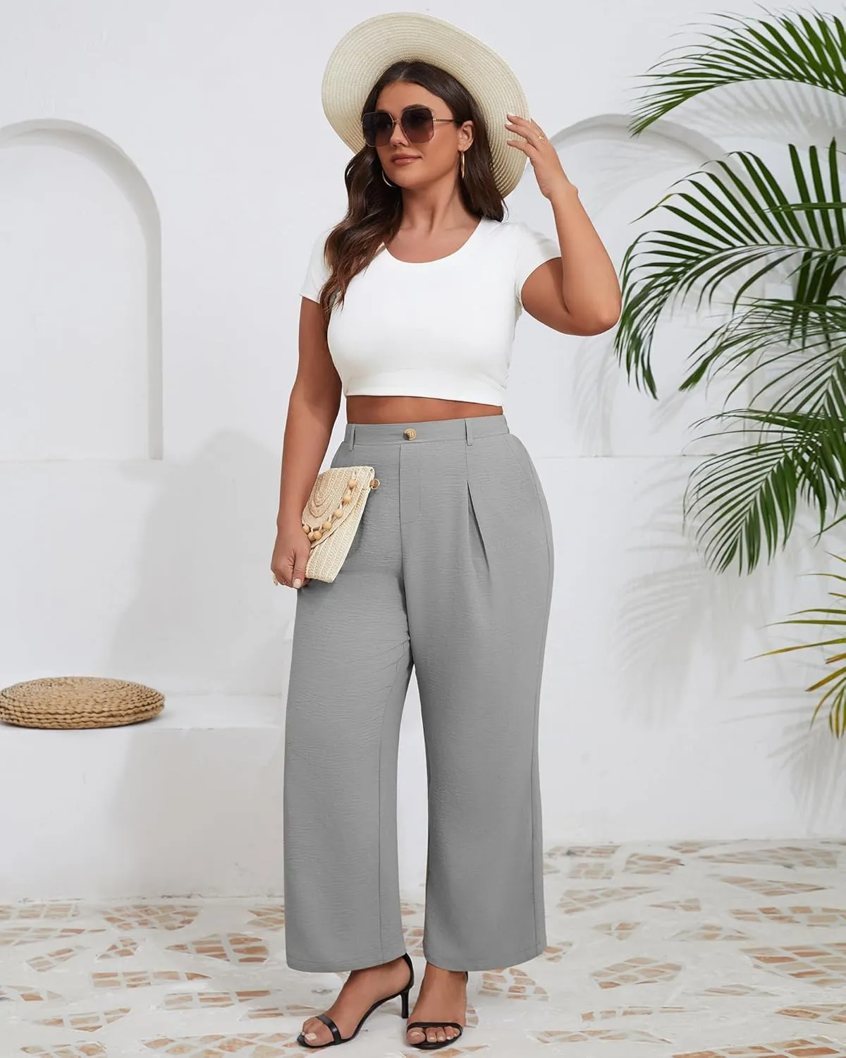 Neer Women's Plus Size Wide Leg Pants, Elastic High Waist Palazzo Pants Casual Business Trousers with Pockets