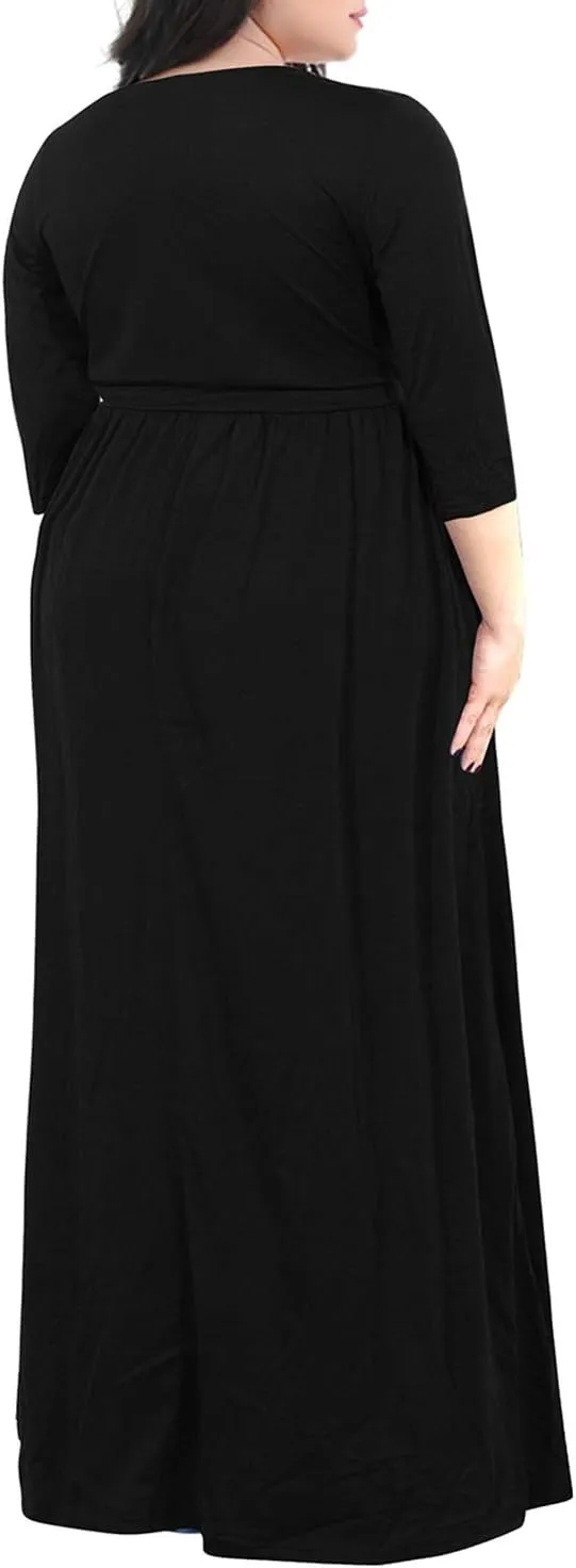 Nemidor Womens Casual V-Neck 3/4 Sleeve Plus Size Long Maxi Dress with Pockets NEM170