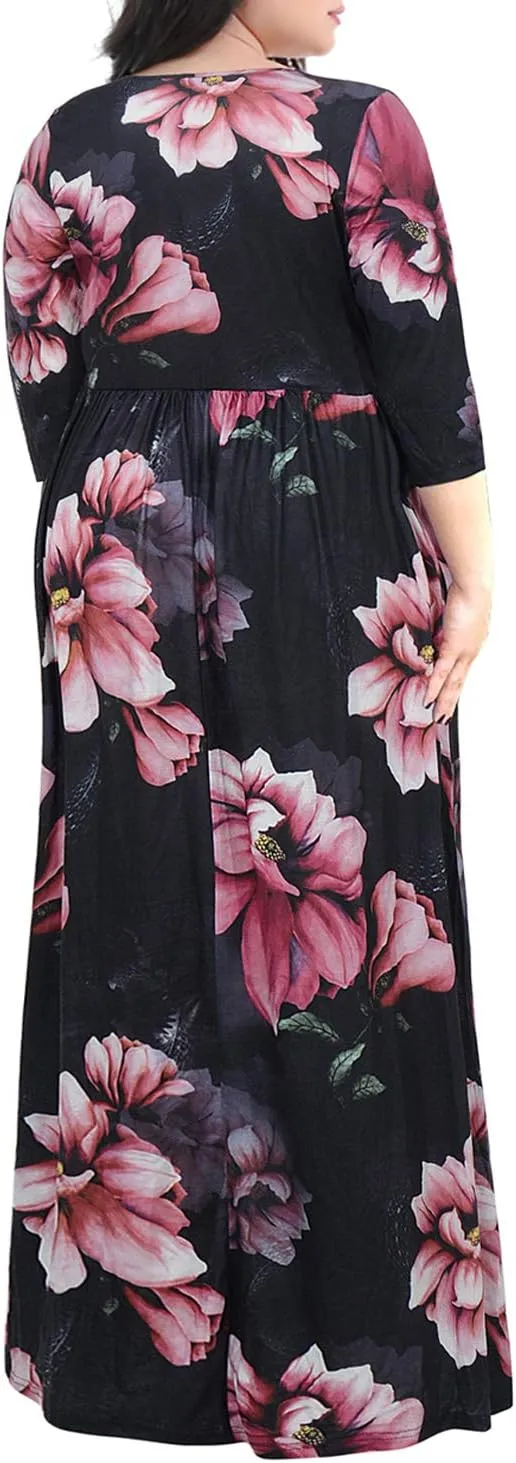 Nemidor Womens Casual V-Neck 3/4 Sleeve Plus Size Long Maxi Dress with Pockets NEM170