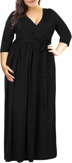 Nemidor Womens Casual V-Neck 3/4 Sleeve Plus Size Long Maxi Dress with Pockets NEM170