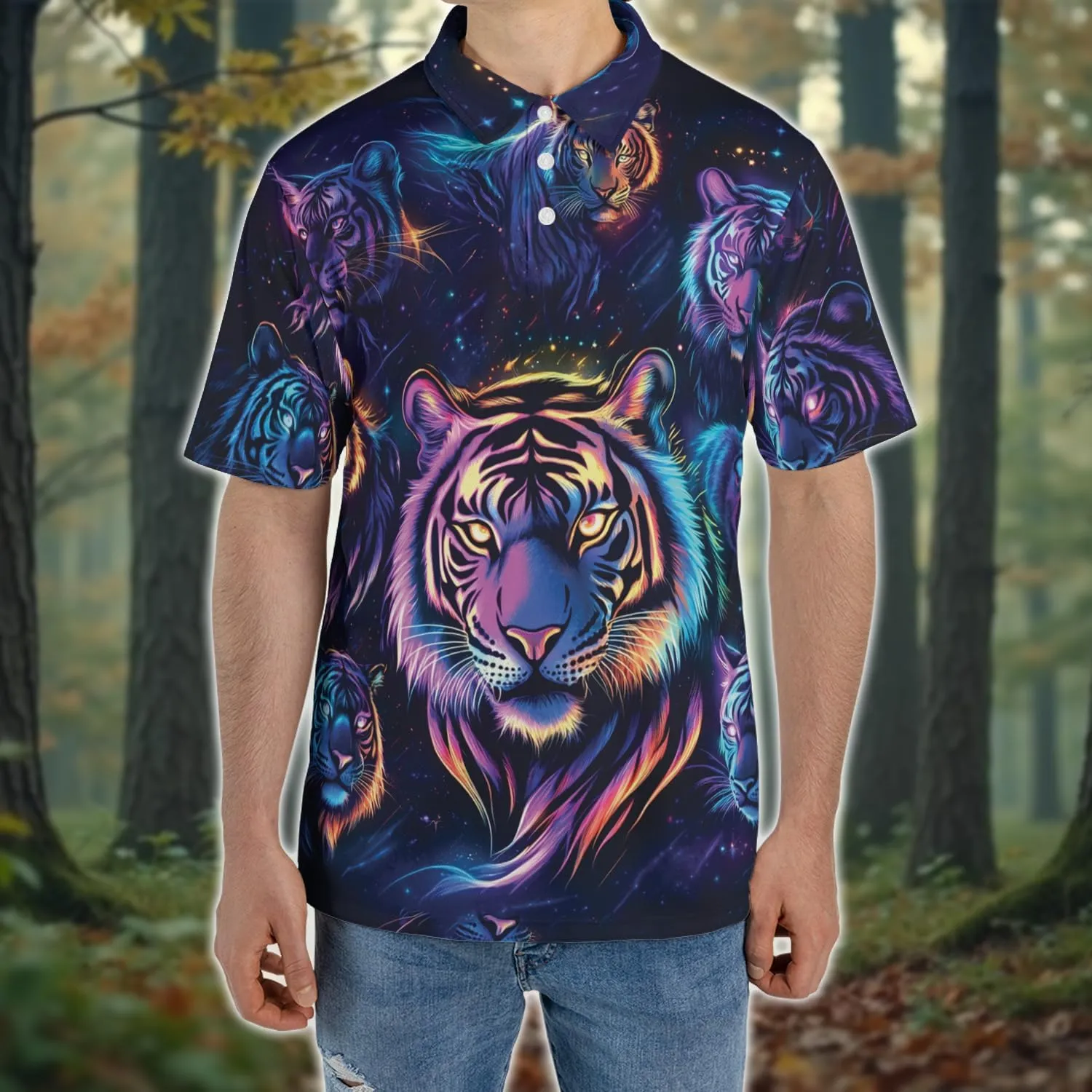 Neon Animal Golf Polo Shirts for Men - Galaxy Space Mens Polo Shirts Short Sleeve Regular Fit Series 131
