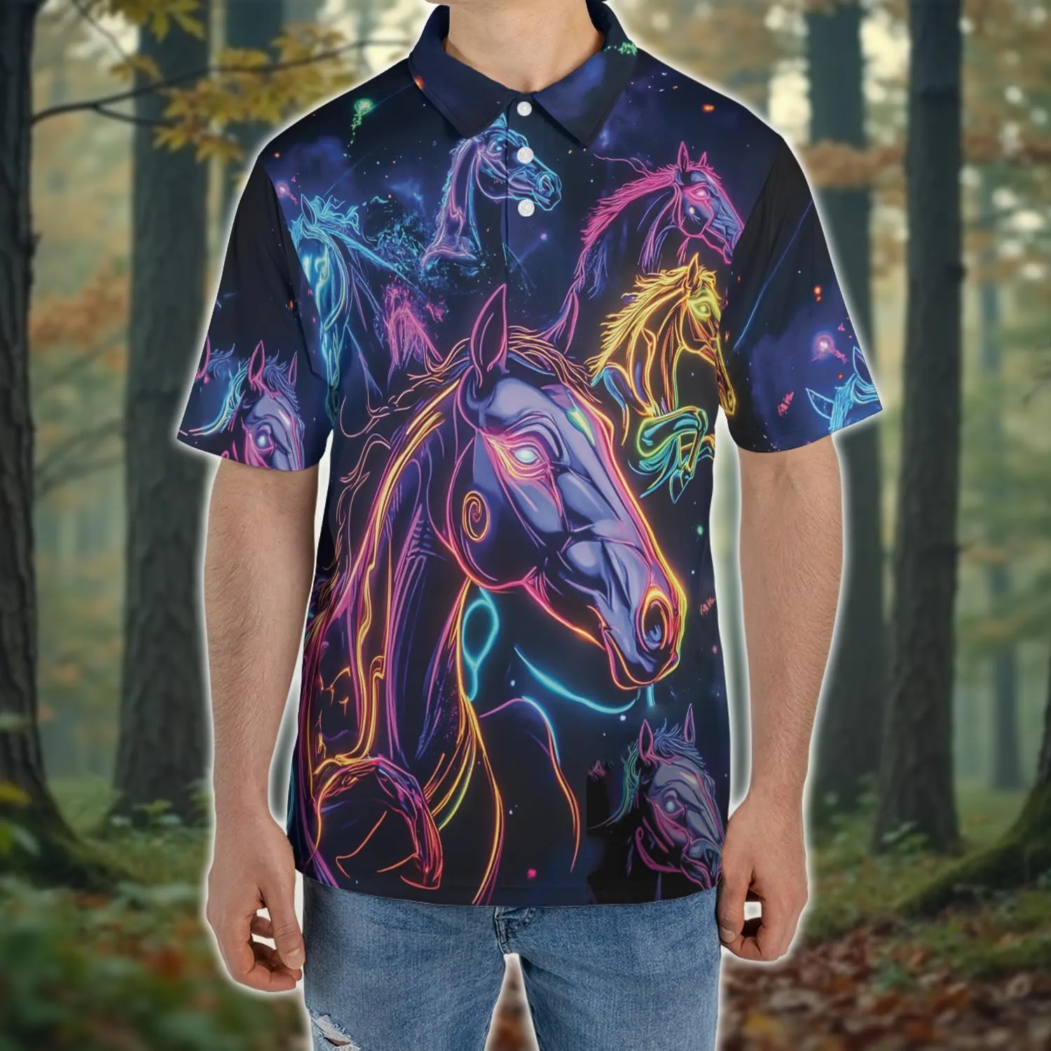 Neon Animal Golf Polo Shirts for Men - Galaxy Space Mens Polo Shirts Short Sleeve Regular Fit Series 131