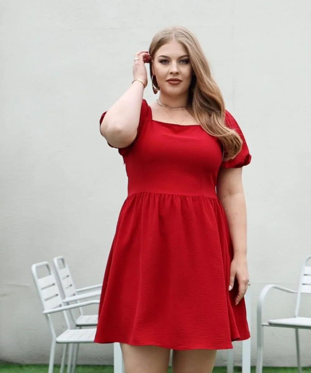 OFEEFAN Women Puff Sleeve Square Neck Tie in Back Dresses with Zipper