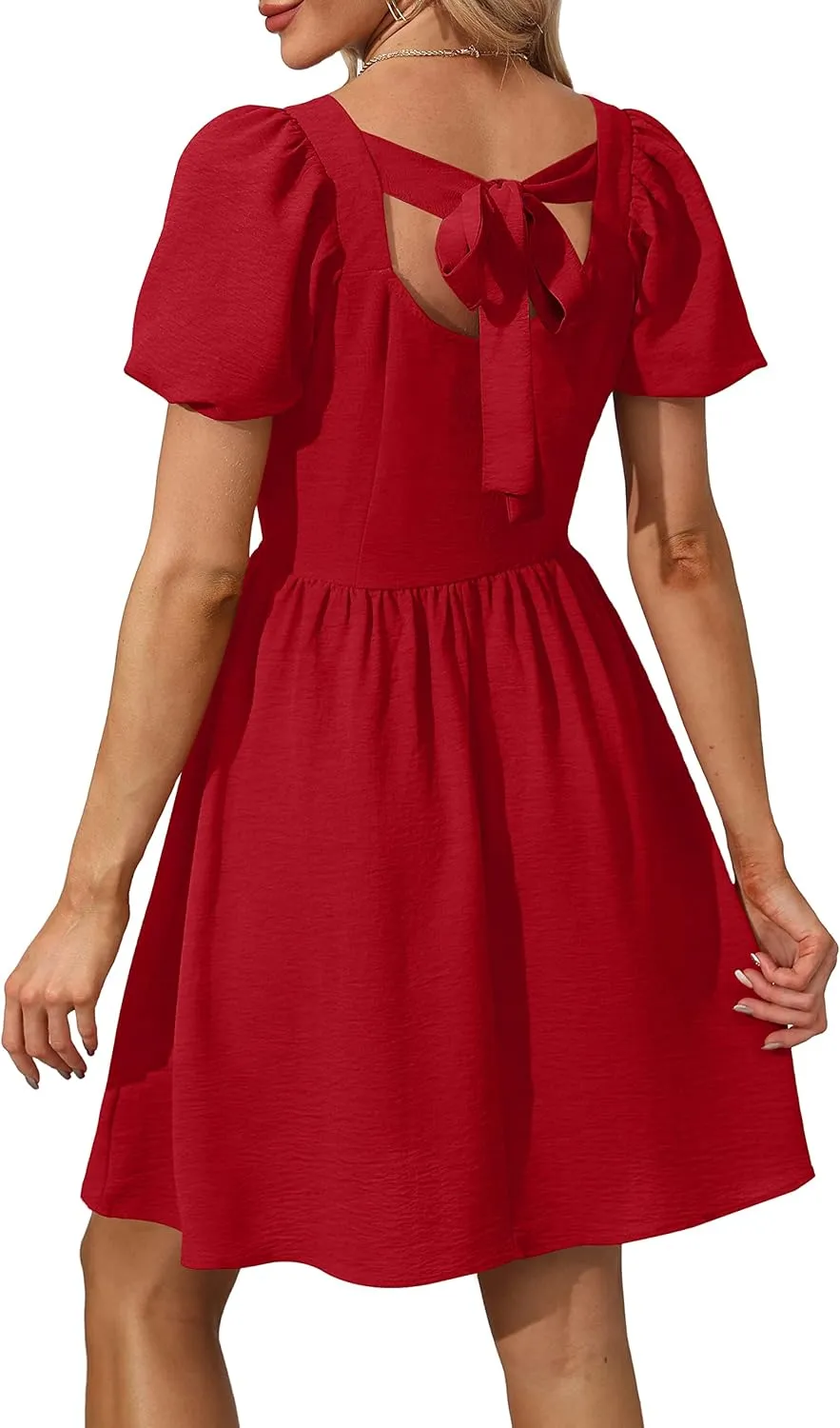 OFEEFAN Women Puff Sleeve Square Neck Tie in Back Dresses with Zipper