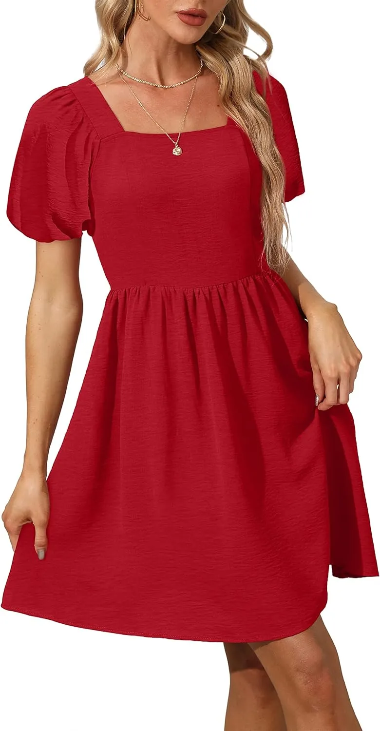 OFEEFAN Women Puff Sleeve Square Neck Tie in Back Dresses with Zipper
