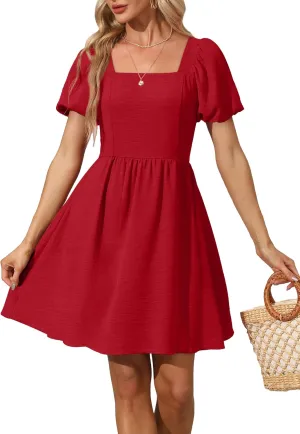 OFEEFAN Women Puff Sleeve Square Neck Tie in Back Dresses with Zipper