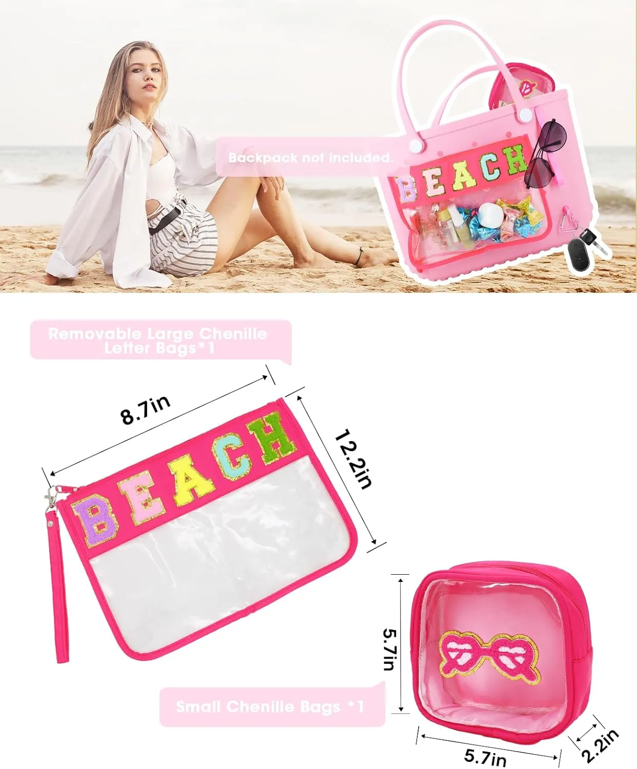 Onism 12PCS Clear BEACH SPF Makeup Bag Sunscreen Cosmetic SUN Zipper Pouch with Preppy Chenille Letter Patch, Small Beach Travel Purse Gifts for Women Teens, Pink Toiletry Stuff Organizer