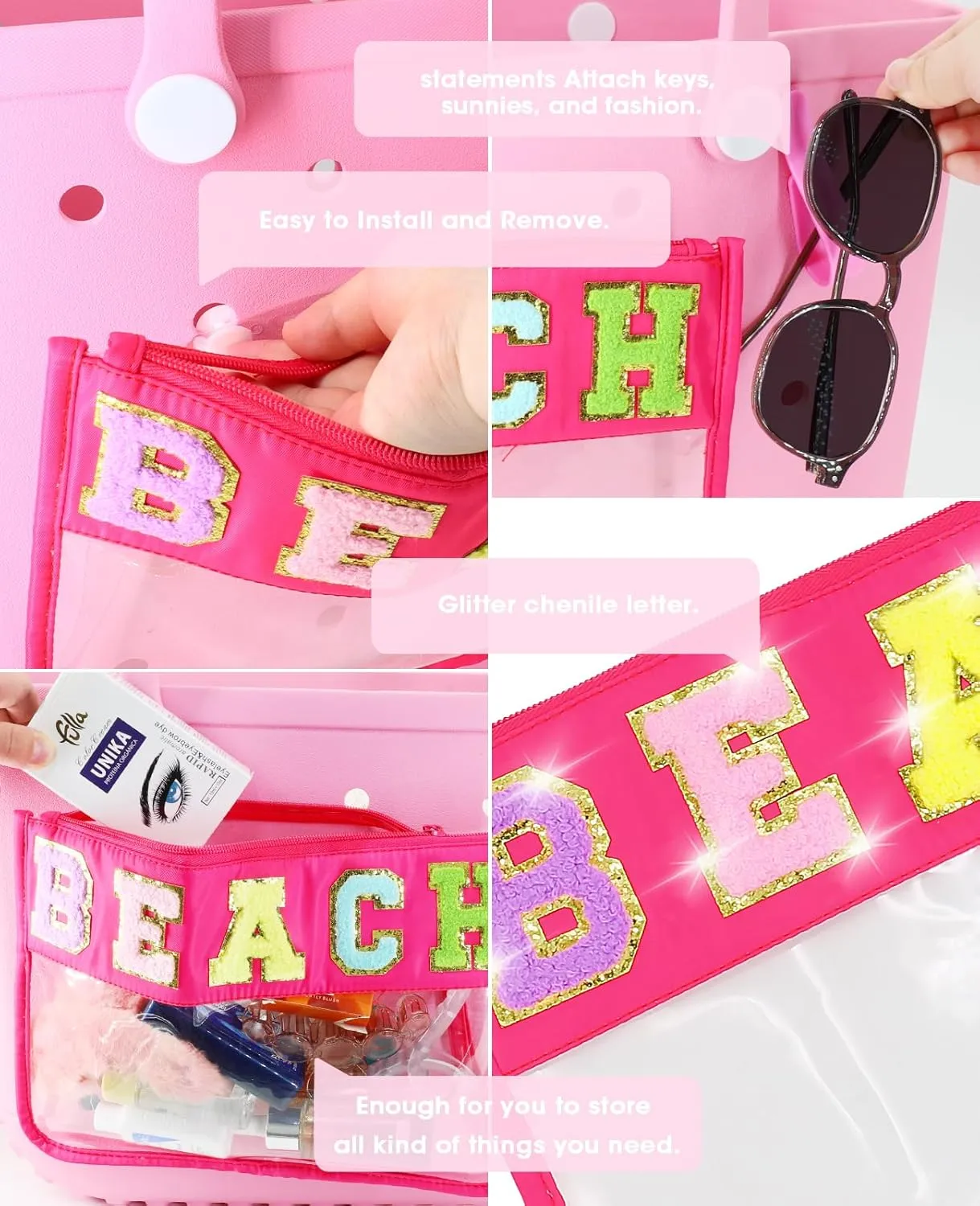Onism 12PCS Clear BEACH SPF Makeup Bag Sunscreen Cosmetic SUN Zipper Pouch with Preppy Chenille Letter Patch, Small Beach Travel Purse Gifts for Women Teens, Pink Toiletry Stuff Organizer