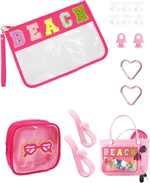 Onism 12PCS Clear BEACH SPF Makeup Bag Sunscreen Cosmetic SUN Zipper Pouch with Preppy Chenille Letter Patch, Small Beach Travel Purse Gifts for Women Teens, Pink Toiletry Stuff Organizer