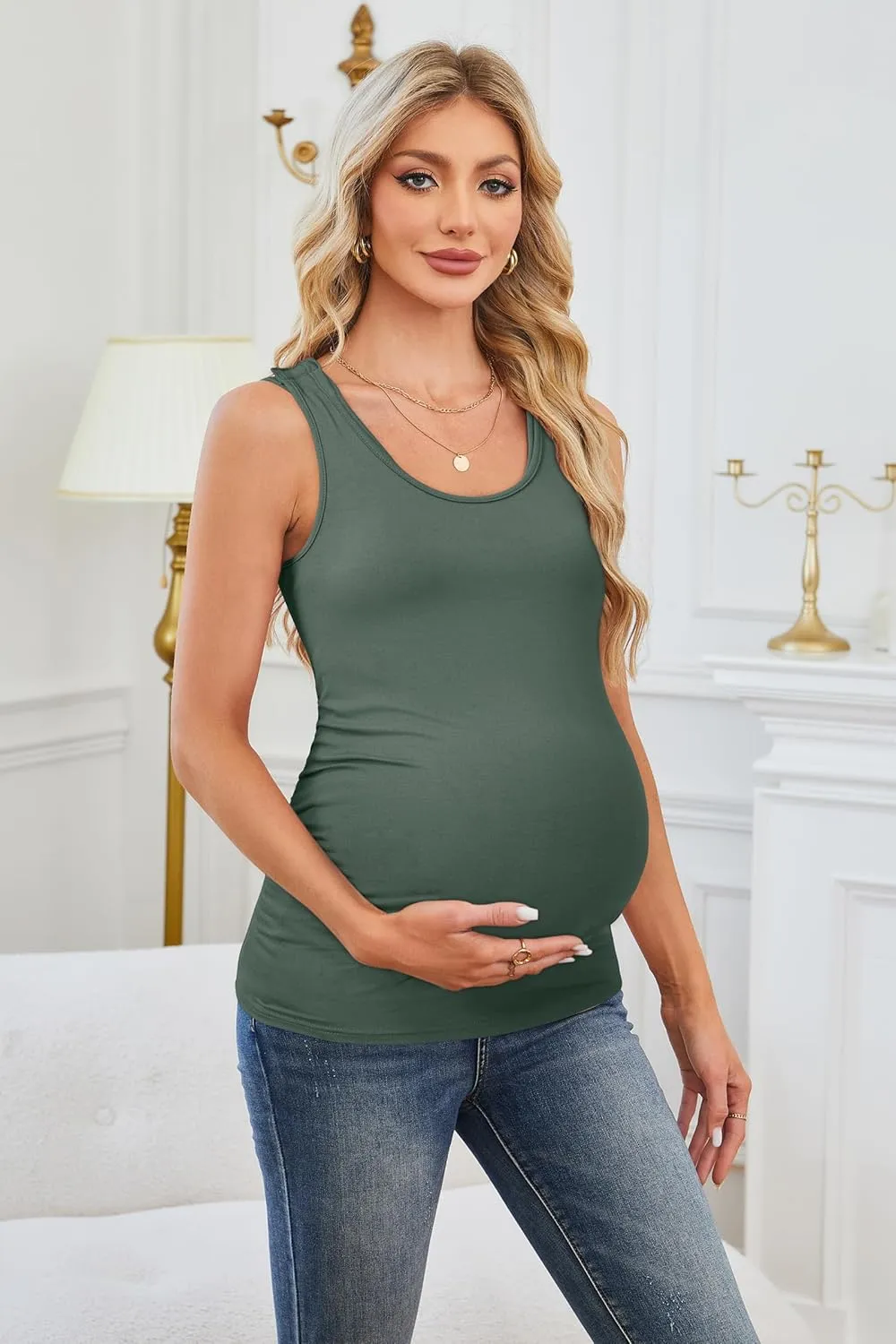 OUGES 2025 Womens Maternity Nursing Tank Tops Summer Scoop Neck Ruched Side Sleeveless Maternity Shirts Pregnancy Clothes