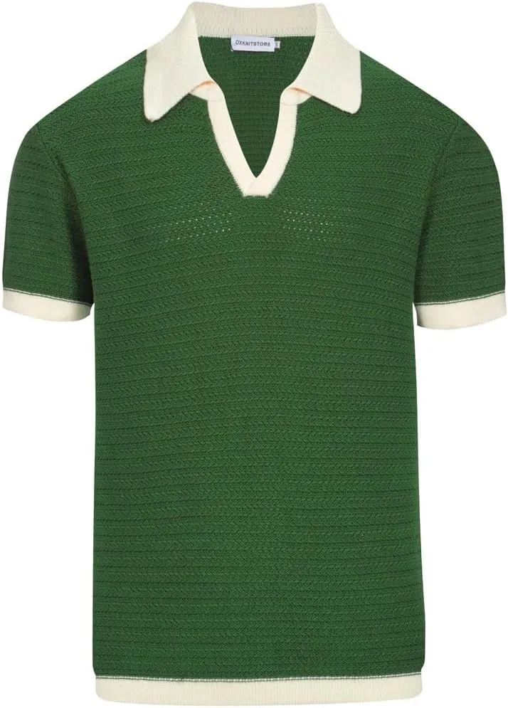 OXKNIT Mens Knit Polo Shirts Vintage Short Sleeve Golf Shirts Textured Retro Poloshirt White V-Neck
