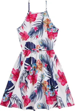 OYOANGLE Girl's Casual Boho Floral Print Sleeveless A-Line Swing Cami Hawaiian Dress Sundress
