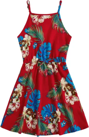 OYOANGLE Girl's Casual Boho Floral Print Sleeveless A-Line Swing Cami Hawaiian Dress Sundress
