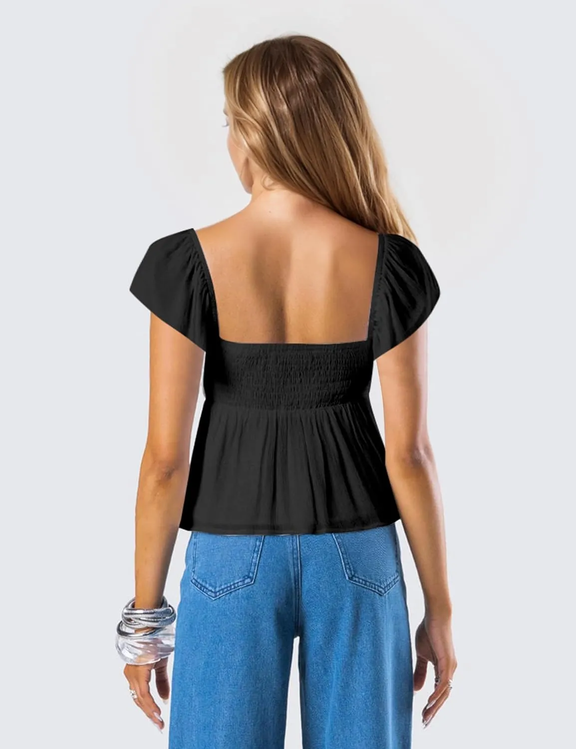 Peplum Tank Tops for Women Flutter Ruffle Short Sleeve Sweetheart Neck Cute Flowy Smocked Back Babydoll Tank Tops