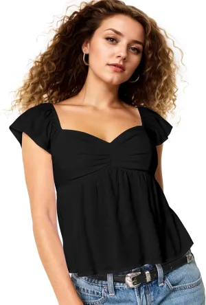 Peplum Tank Tops for Women Flutter Ruffle Short Sleeve Sweetheart Neck Cute Flowy Smocked Back Babydoll Tank Tops