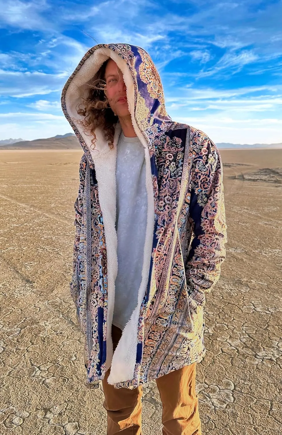 Persian Carpet Cuddle Cloak - Unisex Sherpa Lined Hooded Cloak, Minky Festival Coat, Rave Jacket for Men & Women