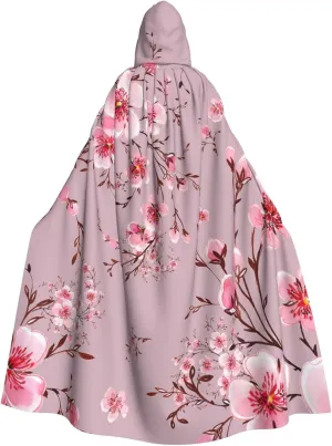 Pink Floral Cherry Blossom Hooded Cloak Cape Unisex Adult Witch Costume Personalized Party Halloween Christmas Cosplay Costumes for Women Men