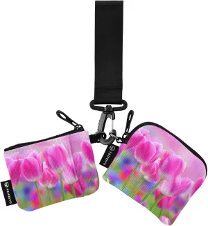 Pink Tulips Flowers 2PCS Coin Purse Wristlet Wallets Keychain Wallet Zip Around Portable Wallet with Detachable Dual Pouch