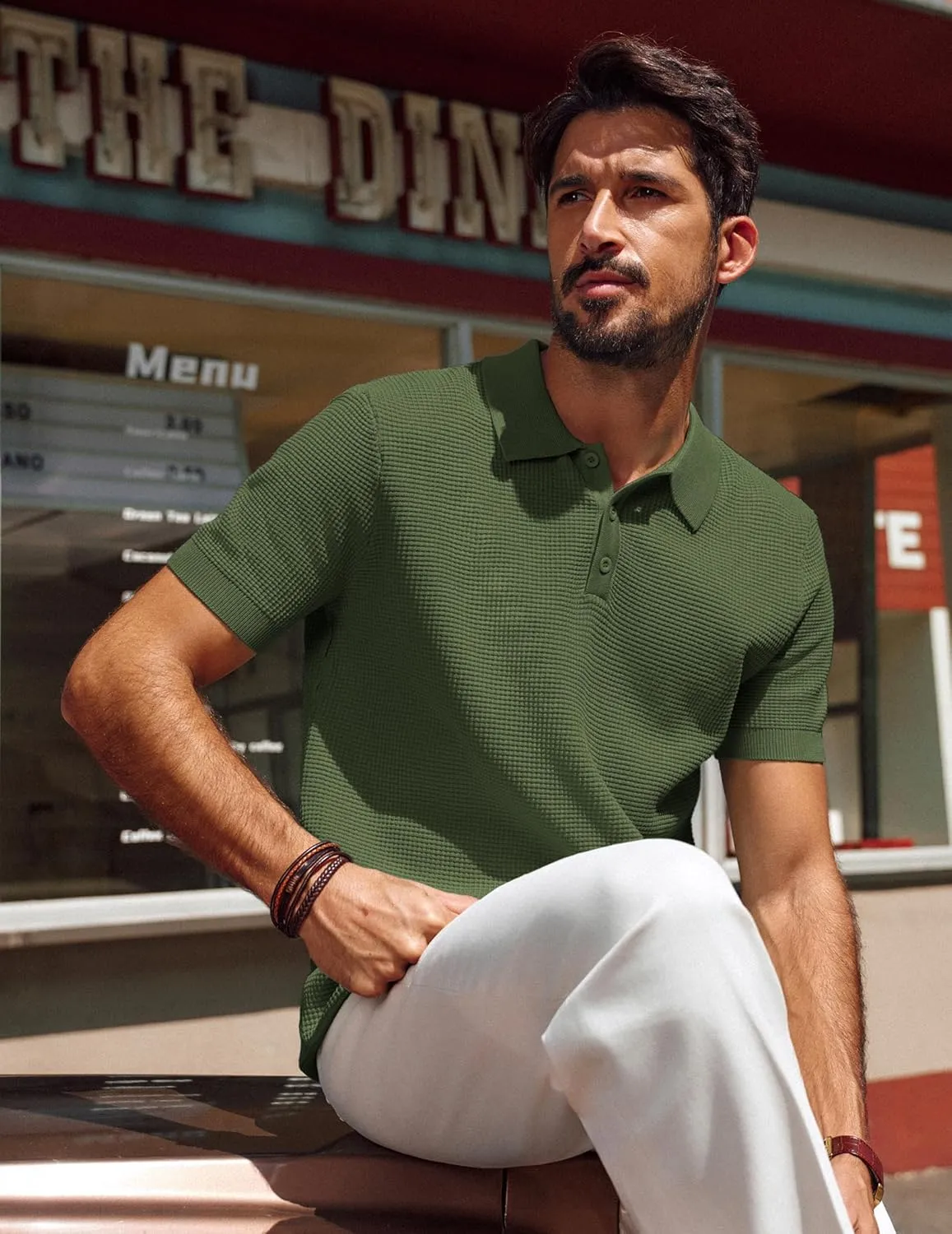 PJ PAUL JONES Polo Shirts for Men Short Sleeve Casual Knit Waffle Texture Polo Golf Shirt