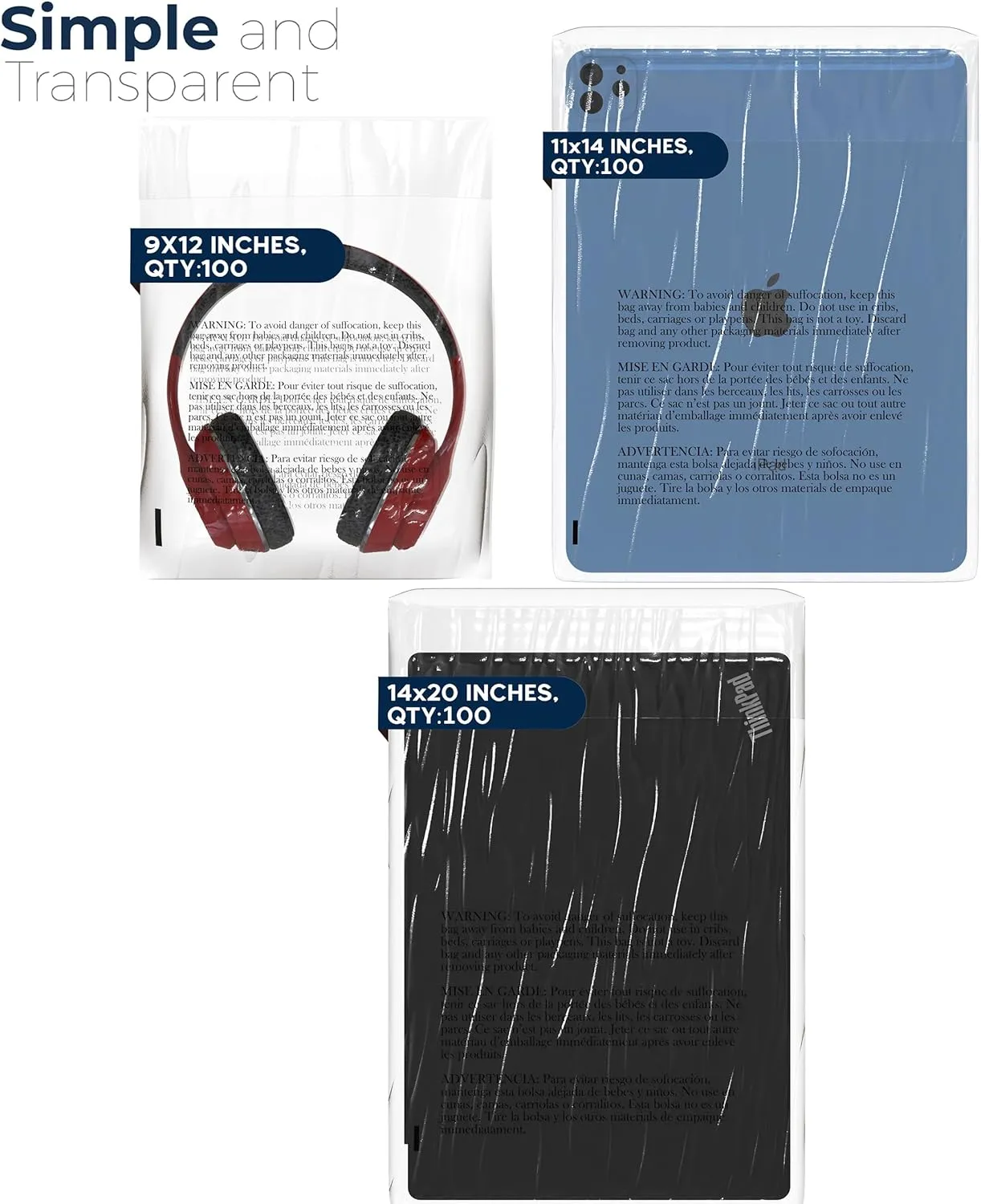 Poly Bags with Suffocation Warning 9x12", 11x14", 14x20" - Large Combo Pack of 300 (100 each size) - Clear Poly Bags by Retail Supply Co - Resealable