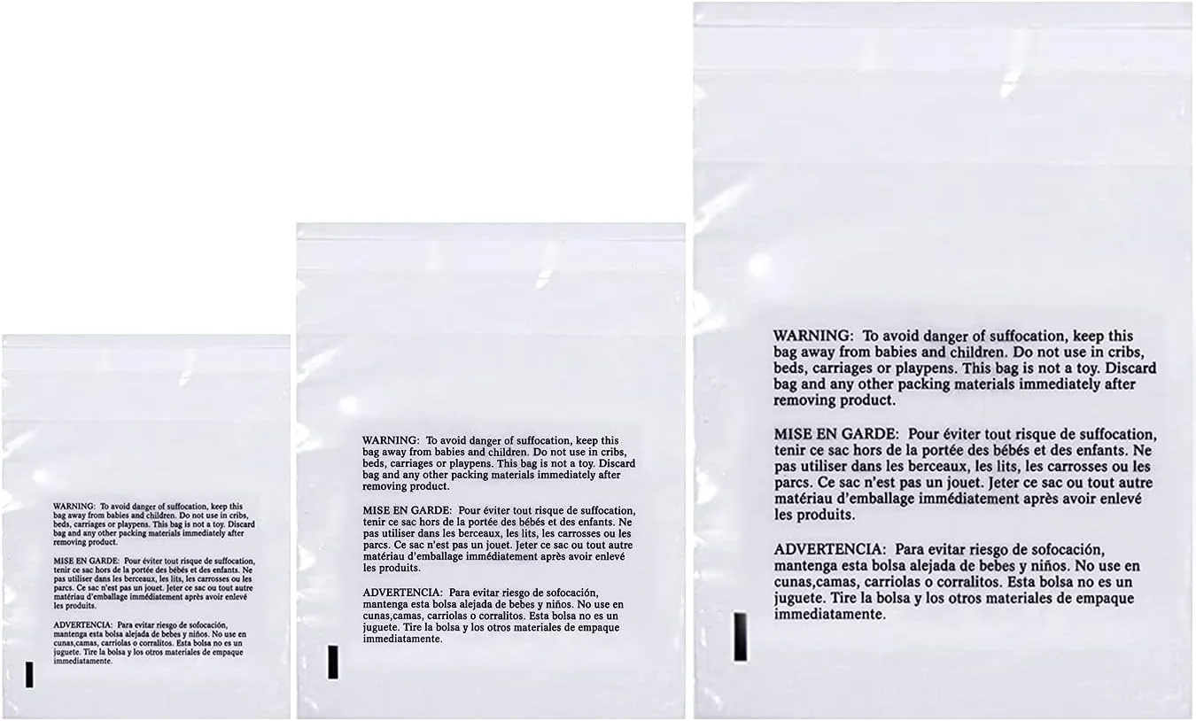Poly Bags with Suffocation Warning 9x12", 11x14", 14x20" - Large Combo Pack of 300 (100 each size) - Clear Poly Bags by Retail Supply Co - Resealable